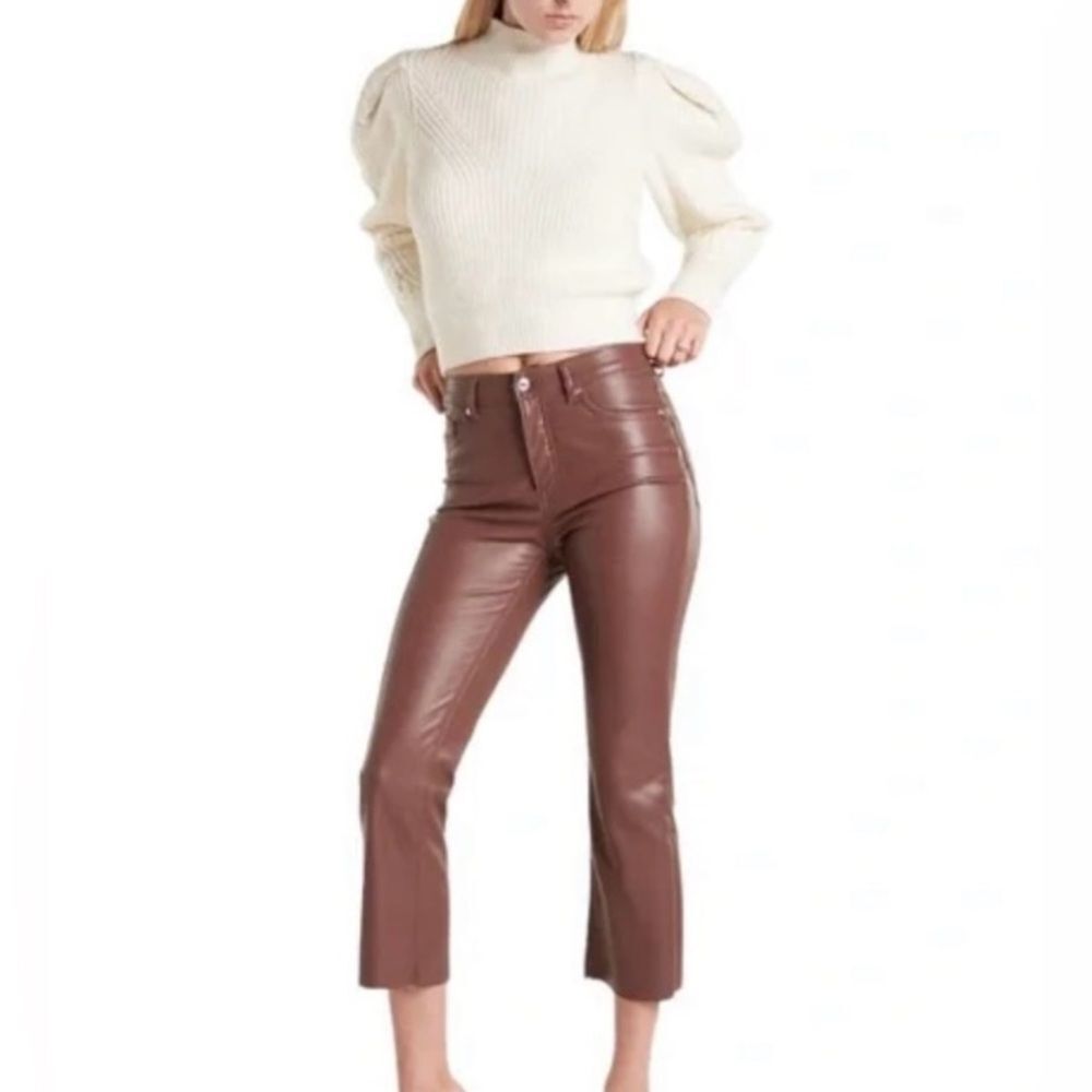EXPRESS Ivory Mock Neck Back Cutout Puff Sleeve Cropped Sweater - Picture 3 of 8